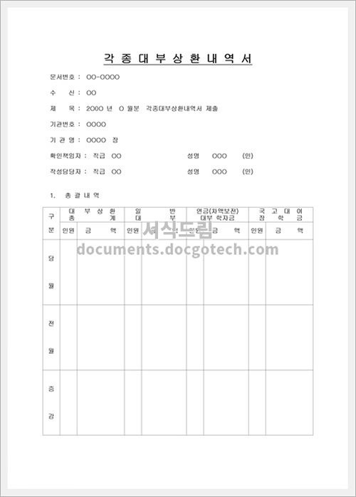 각종대부상환 내역서 문서양식 미리보기